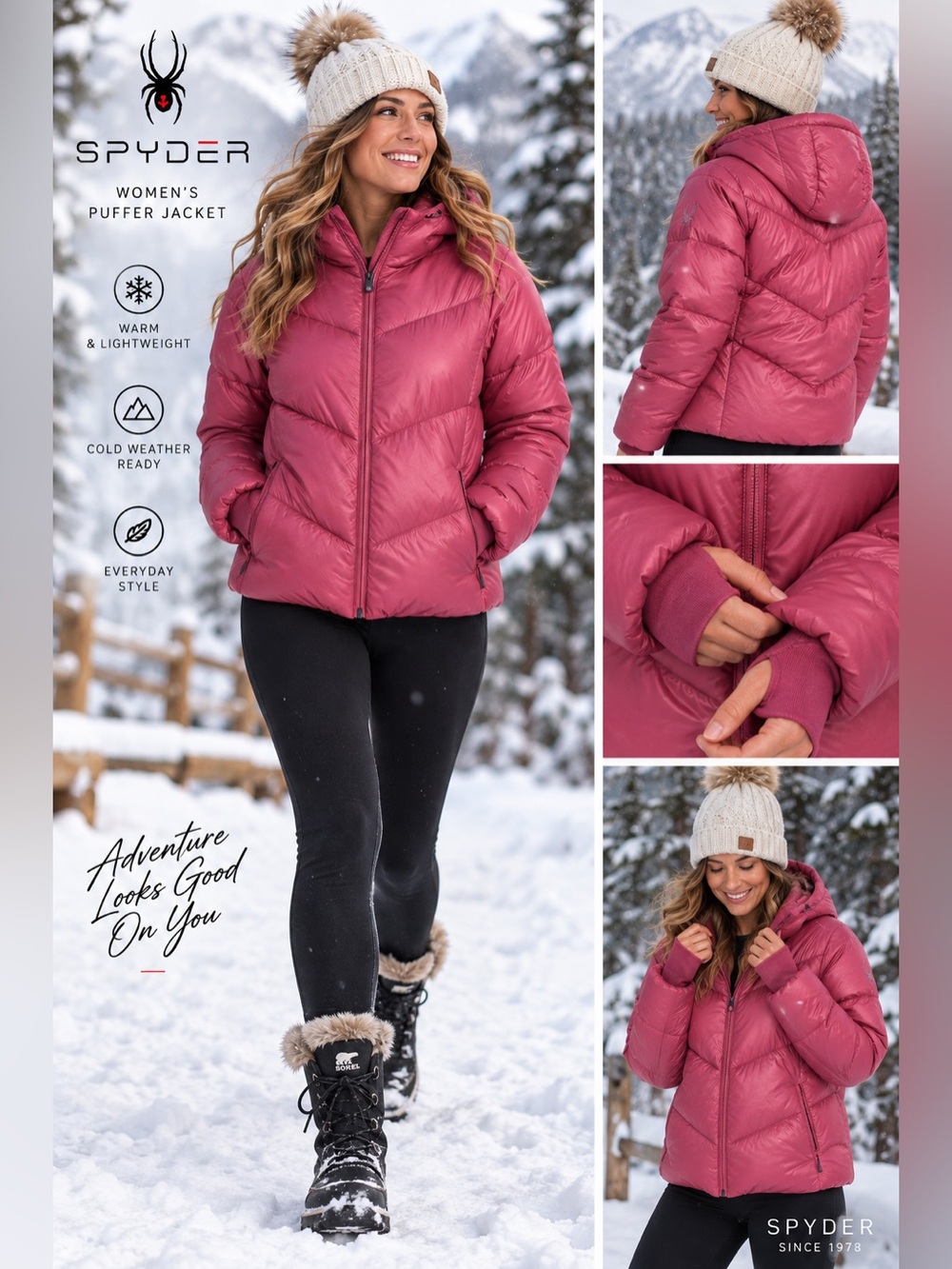 Spyder Women’s Puffer Jacket Large Pink Hooded Winter Ski Coat